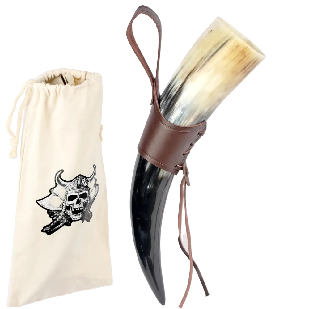 Viking Drinking Horn Mug | Medieval Tankard with Leather Holder