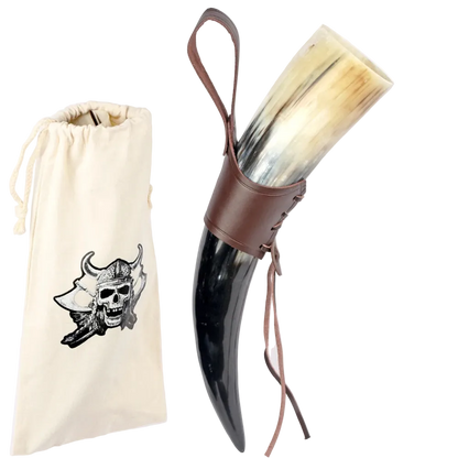 Viking Drinking Horn Mug | Medieval Tankard with Leather Holder