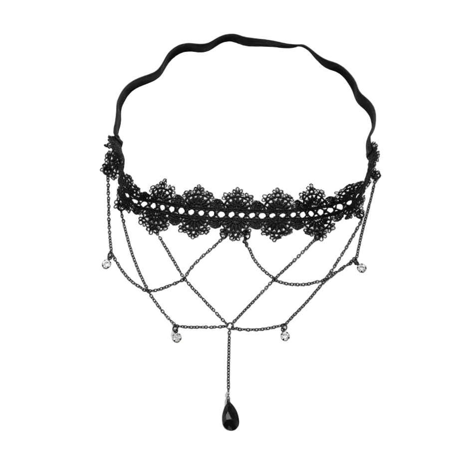 Black gothic-style chain necklace with lace detailing, silver-tone chain drapes, and a teardrop pendant on a white background.