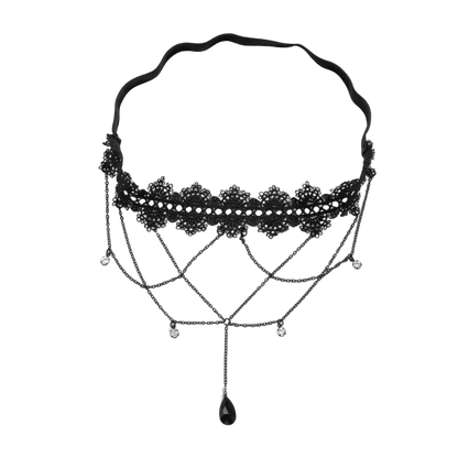 Black gothic-style chain necklace with lace detailing, silver-tone chain drapes, and a teardrop pendant on a white background.