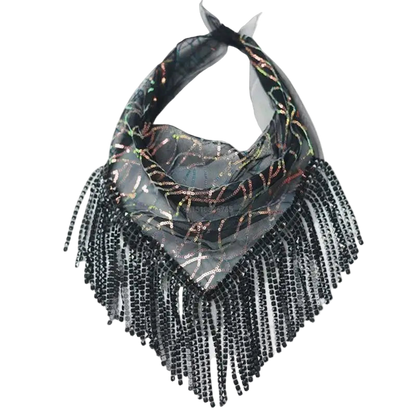 Scarf with black beaded fringe on a white background