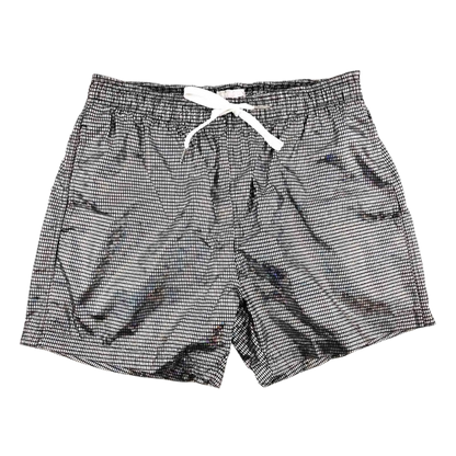 Silver holographic swim shorts with drawstring, perfect for a stylish beach day at the resort.