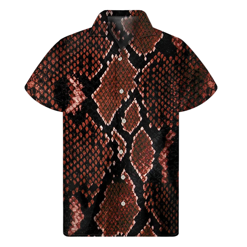 Short-sleeve shirt with snake print pattern on a white background