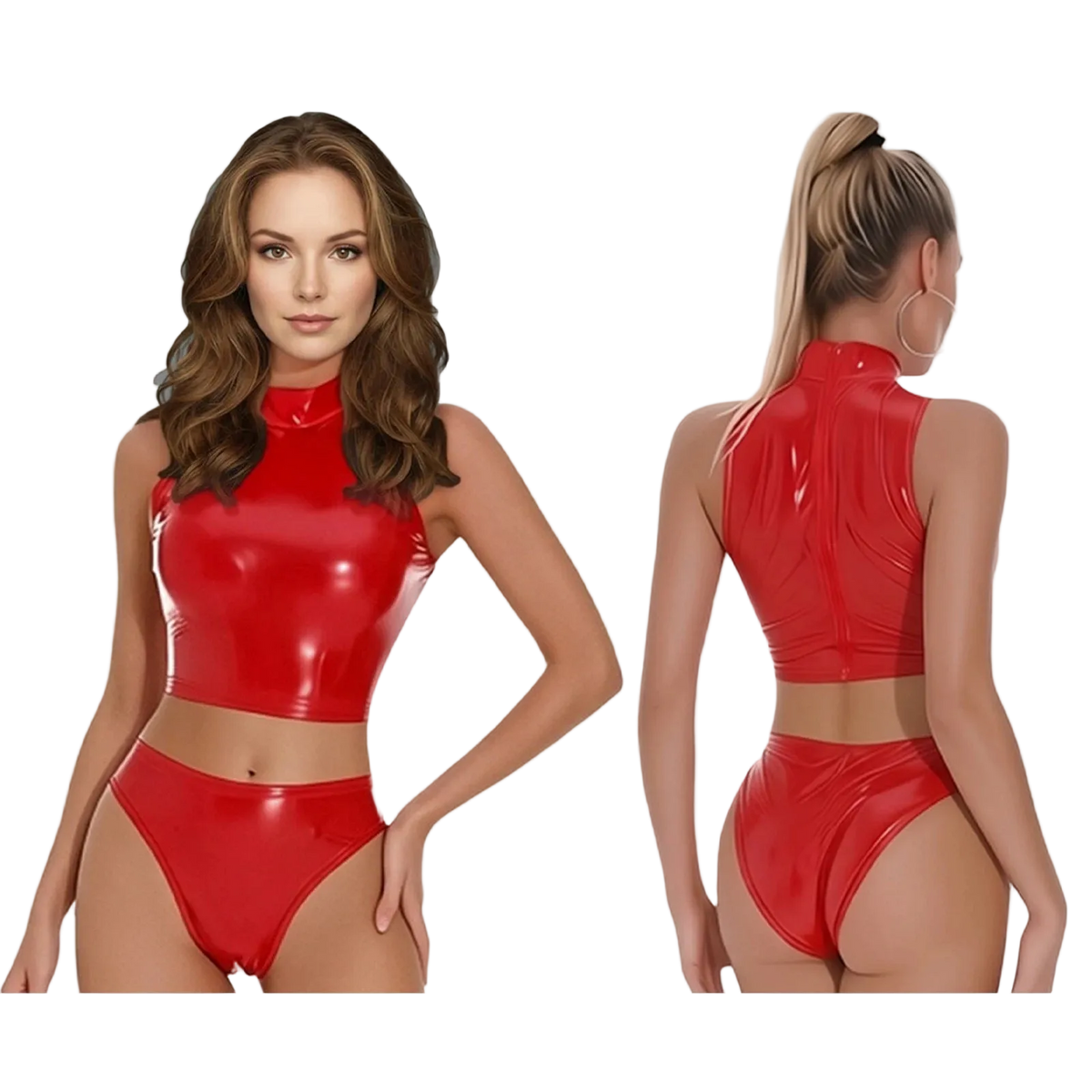 A woman modeling a shiny red two-piece latex-style outfit against a plain white background, shown from the front and back. The set includes a sleeveless high-neck crop top and matching high-cut bottoms.