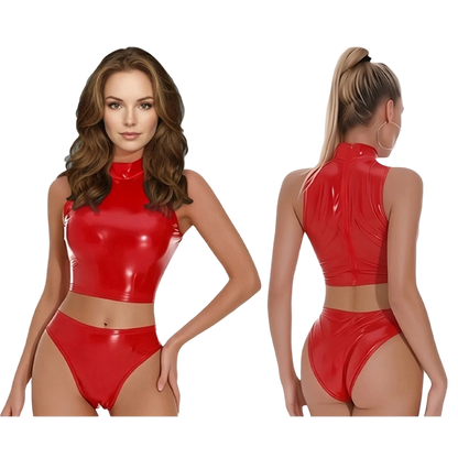 A woman modeling a shiny red two-piece latex-style outfit against a plain white background, shown from the front and back. The set includes a sleeveless high-neck crop top and matching high-cut bottoms.