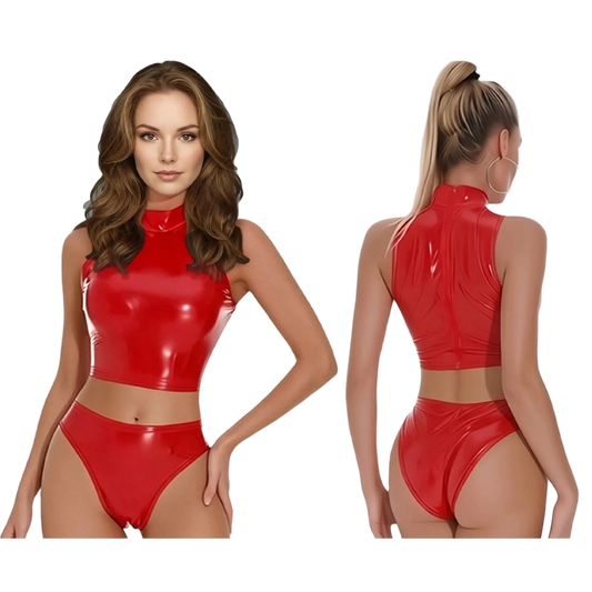 A woman modeling a shiny red two-piece latex-style outfit against a plain white background, shown from the front and back. The set includes a sleeveless high-neck crop top and matching high-cut bottoms.