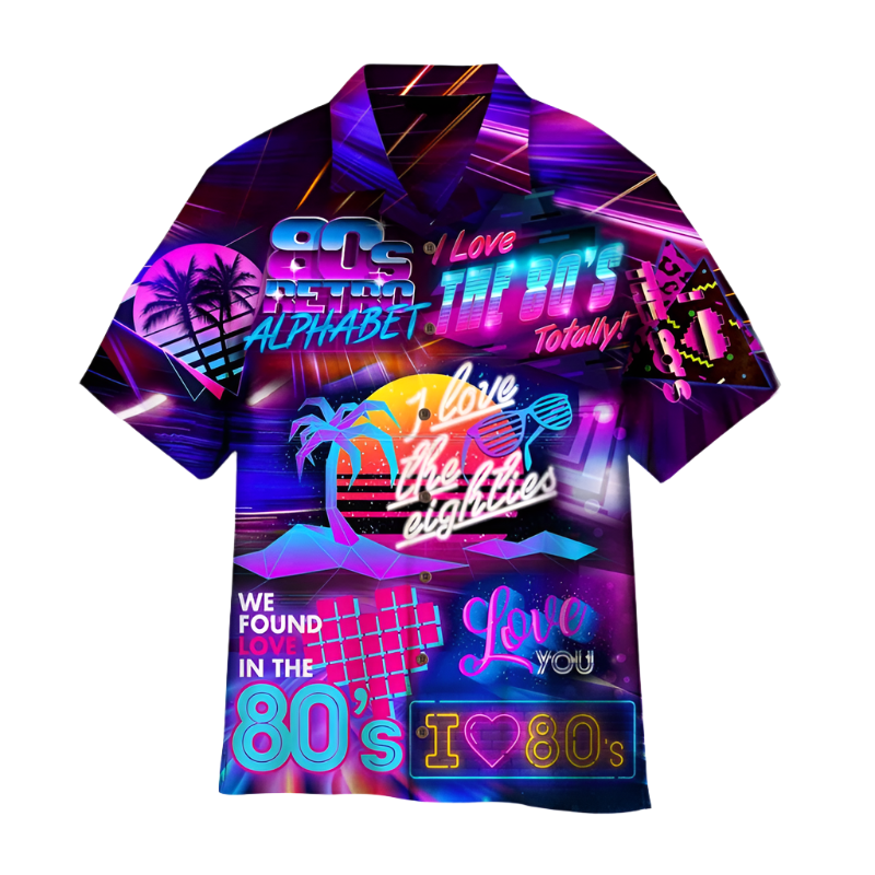 Colorful shirt with 80s-themed designs and text on a white background