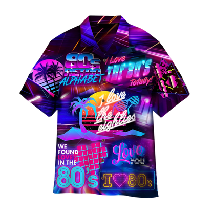 Colorful shirt with 80s-themed designs and text on a white background