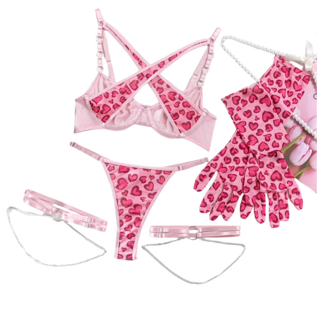 Zebra Print 4 Pieces Sexy Lingerie Set with Metal Chain Criss Cross Detail and Gloves