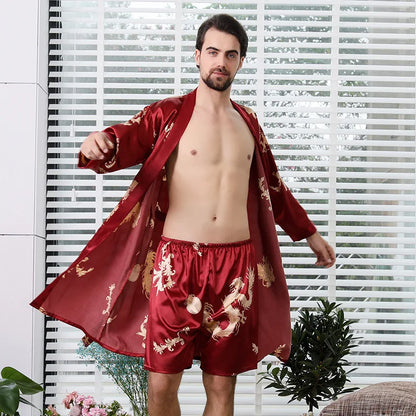 Big Size 2PCS Kimono Bathrobe Gown Couple Sleepwear Home Wear Print Satin Nightgown Women Slip Nighty Dress Men Robe Loungewear