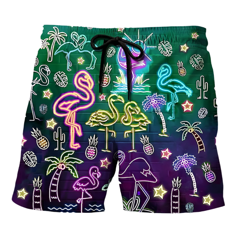 Colorful swim shorts featuring neon tropical designs with flamingos and palm trees