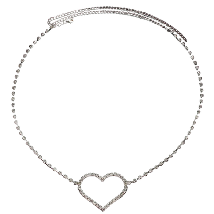 A silver-toned heart-link chain necklace with a heart-shaped pendant paved with clear stones, displayed on a dark textured background.