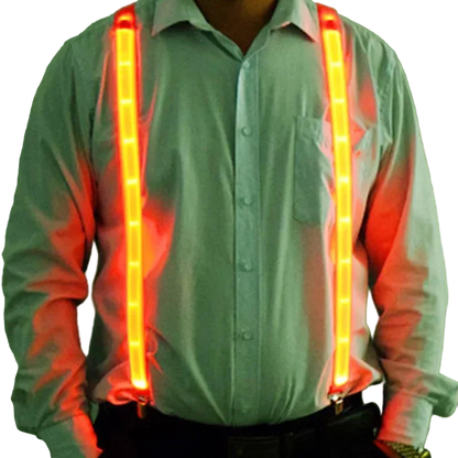 Person wearing glowing red suspenders against a green background
