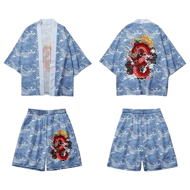 Blue traditional outfit with dragon design on a white background