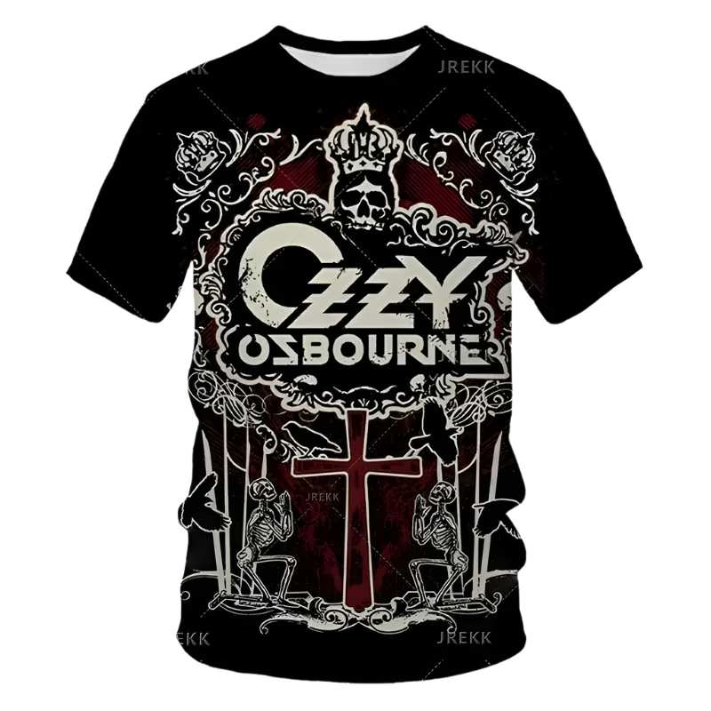 Black t-shirt with Ozzy Osbourne logo and design on a white background