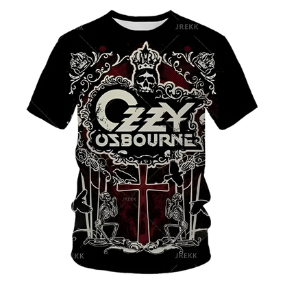 Black t-shirt with Ozzy Osbourne logo and design on a white background