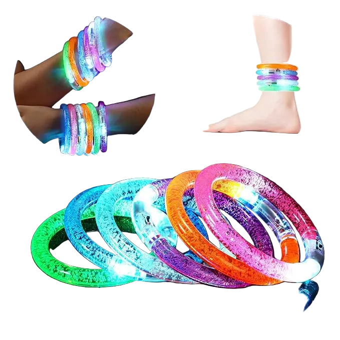 Colorful LED bracelets on a dark background with close-up shots of wrists and ankles.