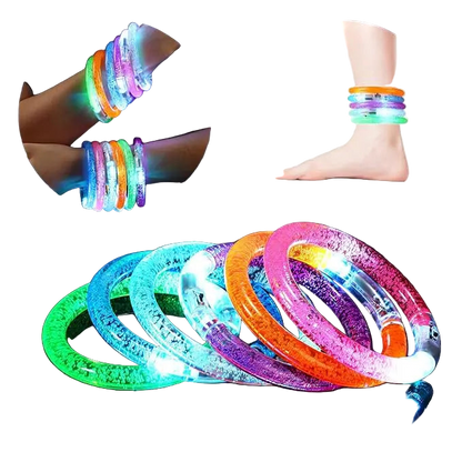 Colorful LED bracelets on a dark background with close-up shots of wrists and ankles.