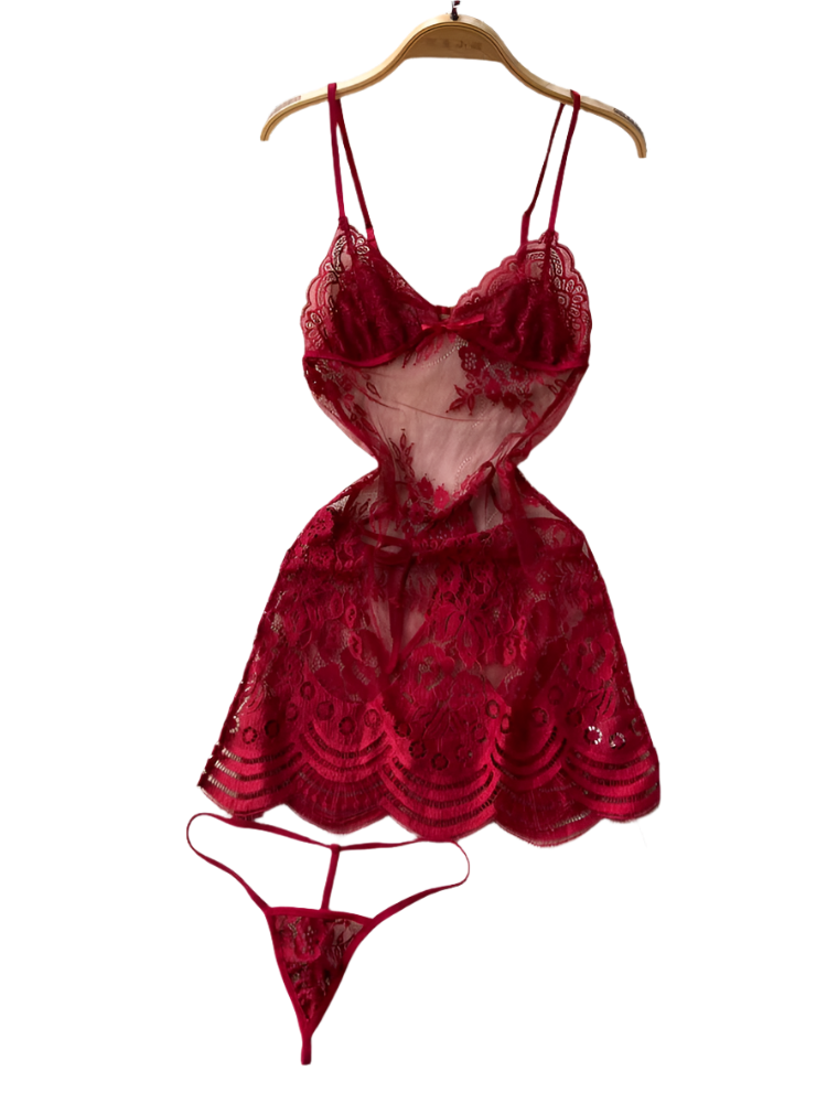 Red lace lingerie set on a hanger against a textured white surface with floral decorations.