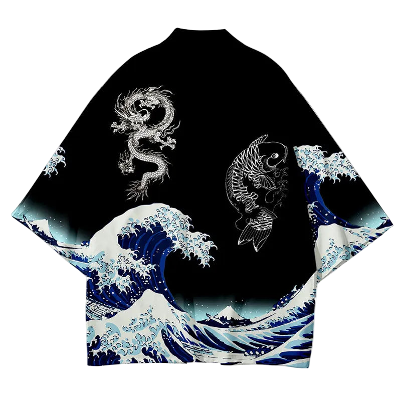 Black kimono-style garment with white dragon and fish design on a white background