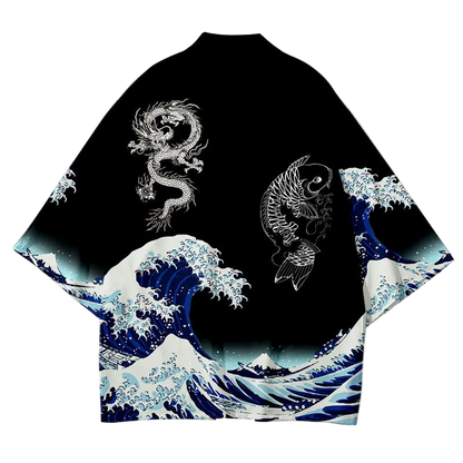 Black kimono-style garment with white dragon and fish design on a white background