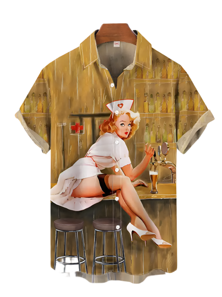 Shirt with a vintage-style print of a nurse at a bar on a white background