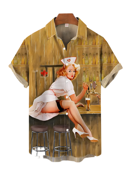 Shirt with a vintage-style print of a nurse at a bar on a white background