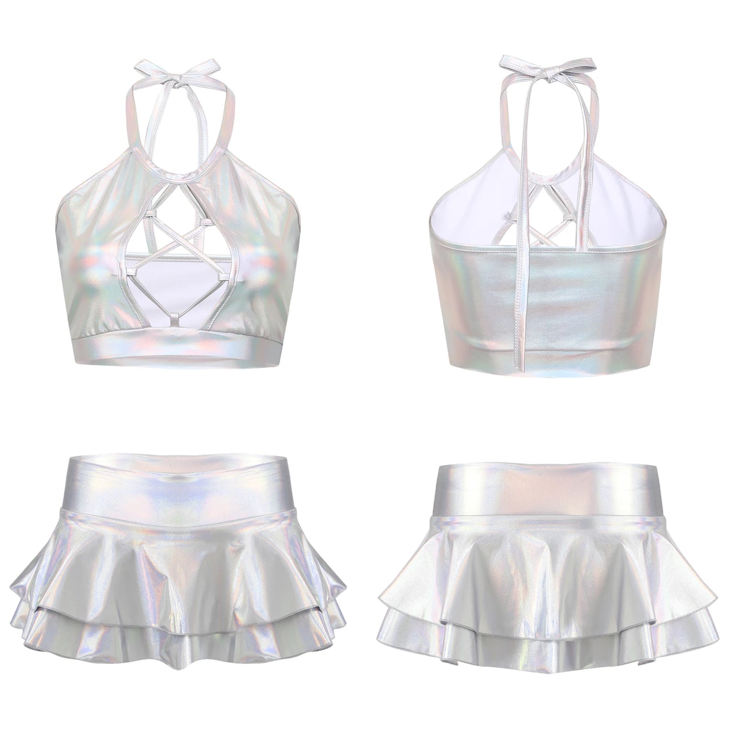 Two Piece Sets Womens Outifits Clothing Set Shiny Metallic Rave Erotic Halter Crop Top Bra Vest With Faux Leather Mini Skirt XXL