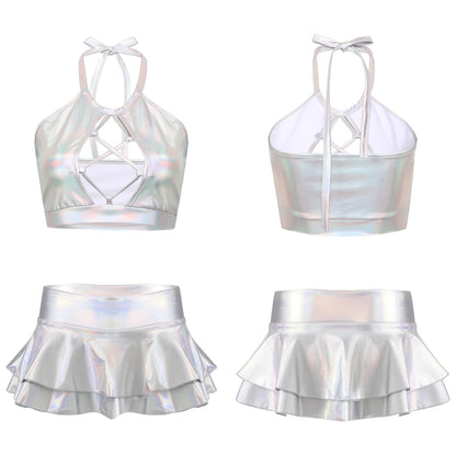 Two Piece Sets Womens Outifits Clothing Set Shiny Metallic Rave Erotic Halter Crop Top Bra Vest With Faux Leather Mini Skirt XXL