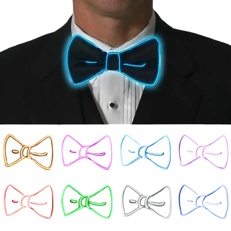 Neon glowing bow tie on a person wearing a tuxedo with additional neon bow ties displayed below.