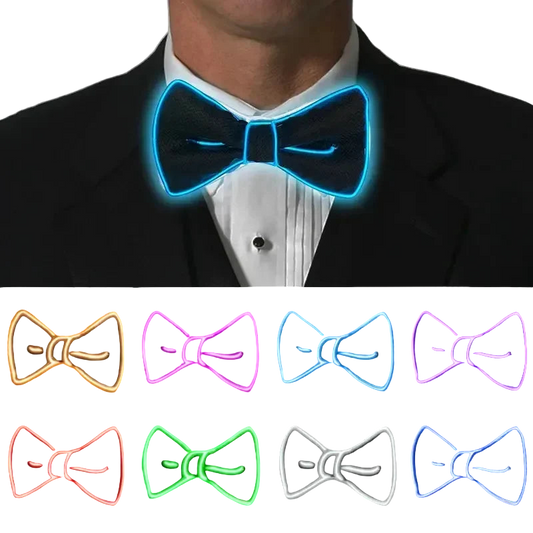 Neon glowing bow tie on a person wearing a tuxedo with additional neon bow ties displayed below.