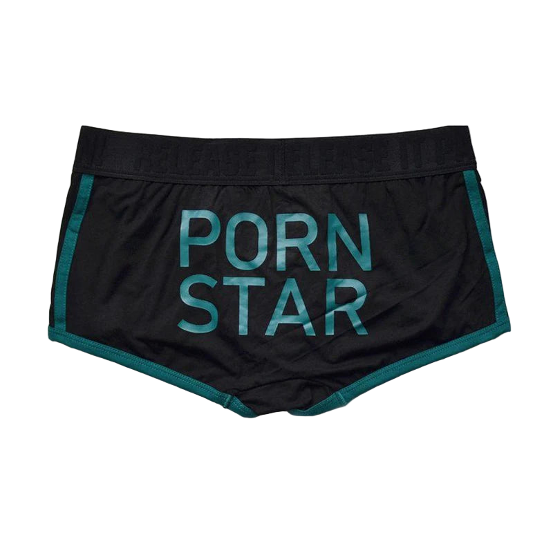 Black shorts with 'Porn Star' text on a white background