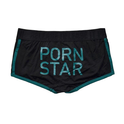 Black shorts with 'Porn Star' text on a white background