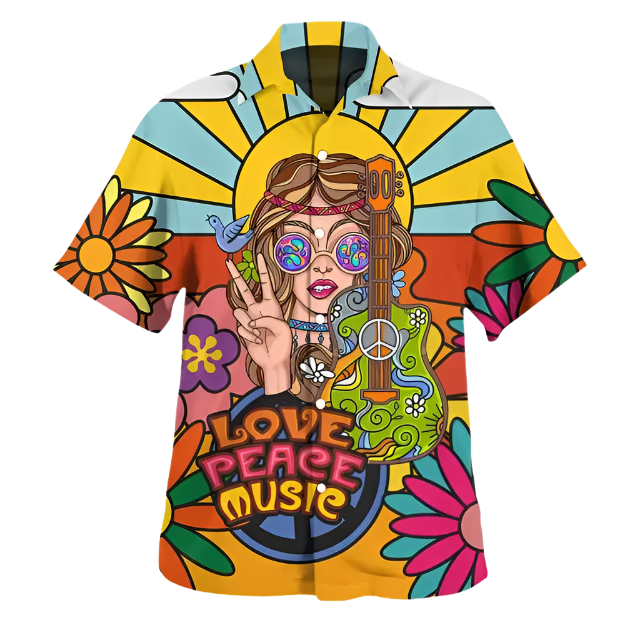 hippie girl sunflower 3D Hawaiian shirt in oversized 5XL sizing for inclusive resort summer fashion