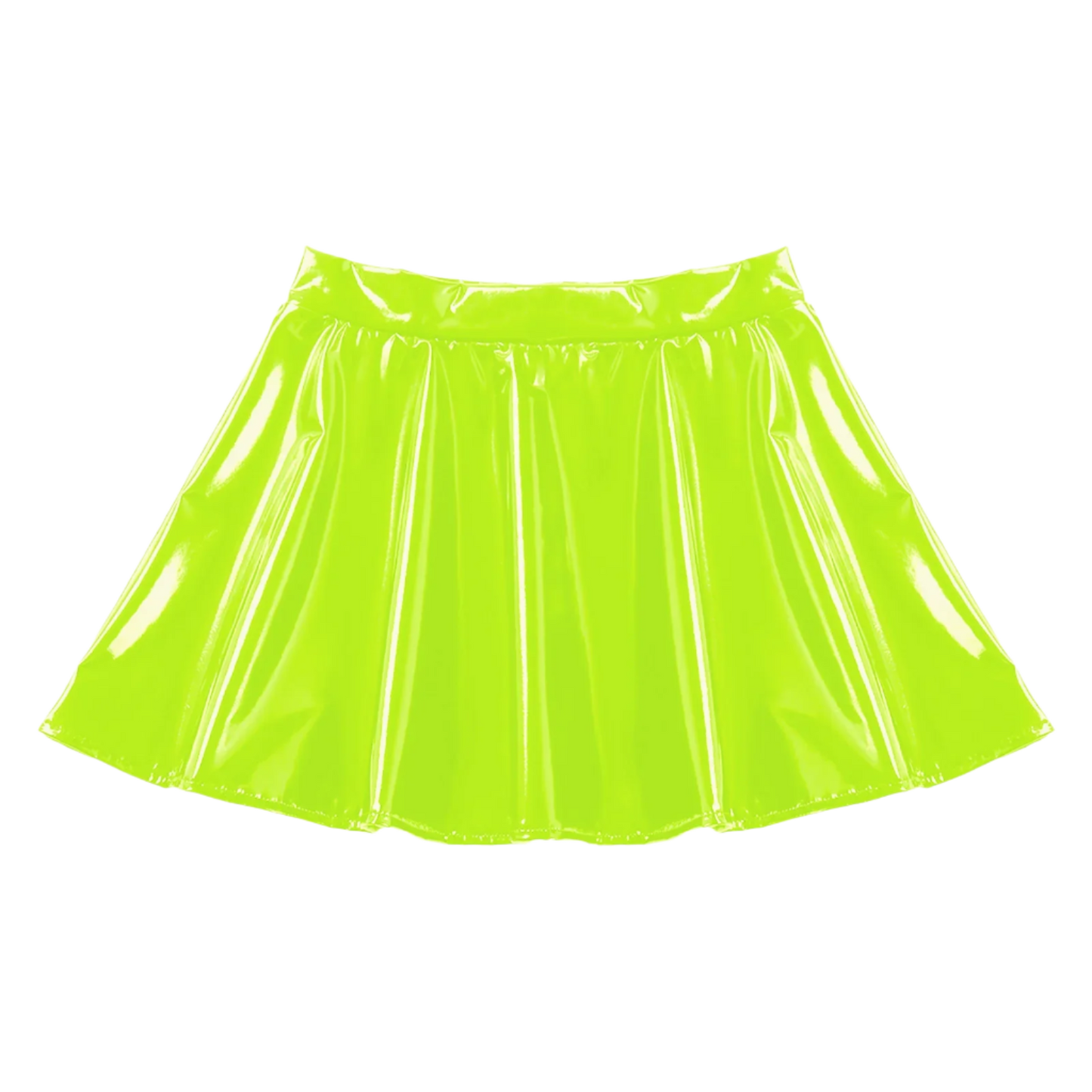 Neon Green Skirt: A shiny, bright neon green skirt with a flared design, offering a bold and vibrant look.

