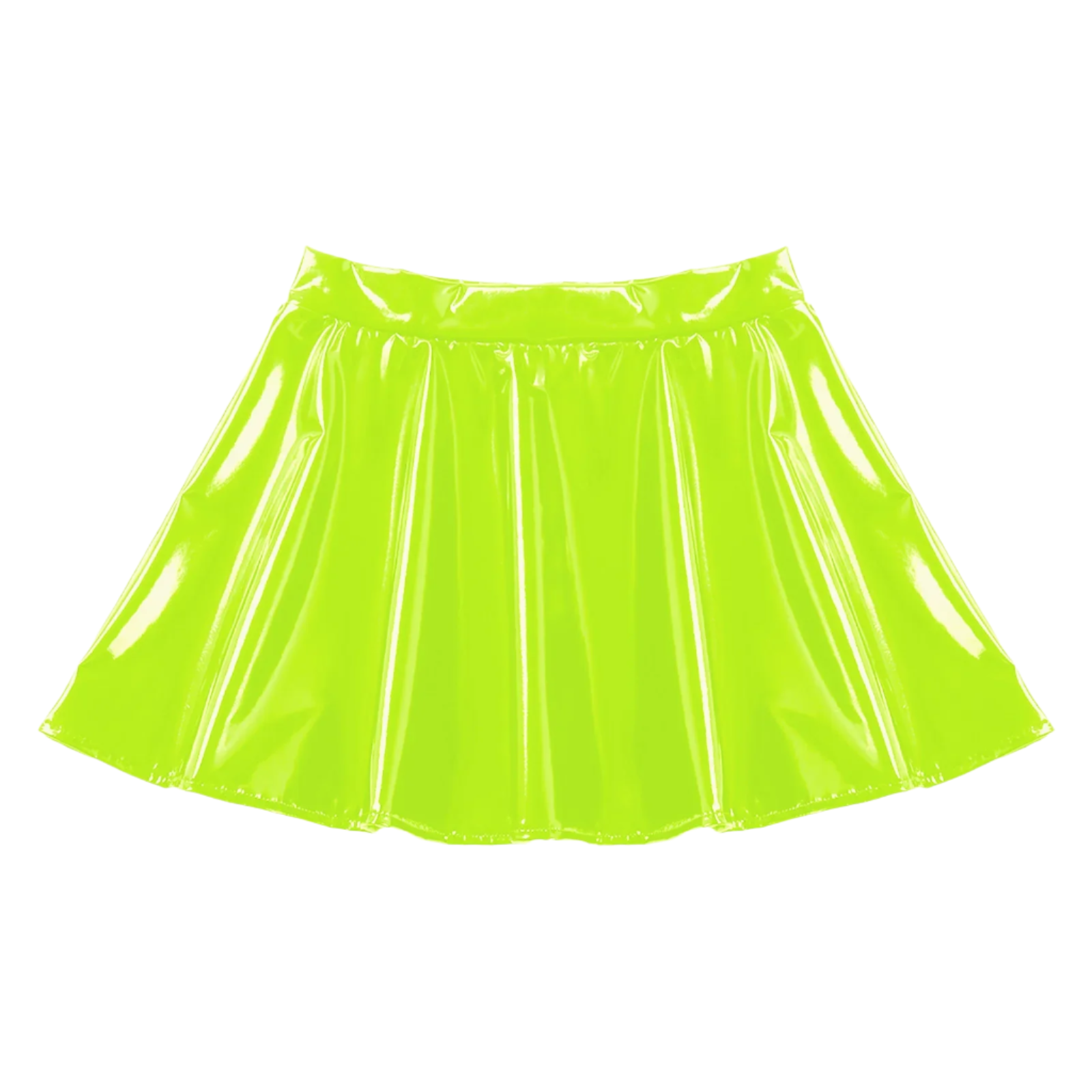 Neon Green Skirt: A shiny, bright neon green skirt with a flared design, offering a bold and vibrant look.

