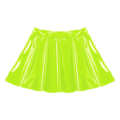 Neon Green Skirt: A shiny, bright neon green skirt with a flared design, offering a bold and vibrant look.

