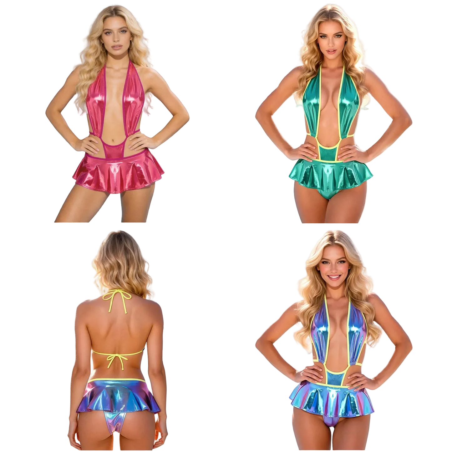 Four views of a women's shiny mini one-piece swimsuit on a model against a white background, showing pink, teal, and iridescent holographic options.