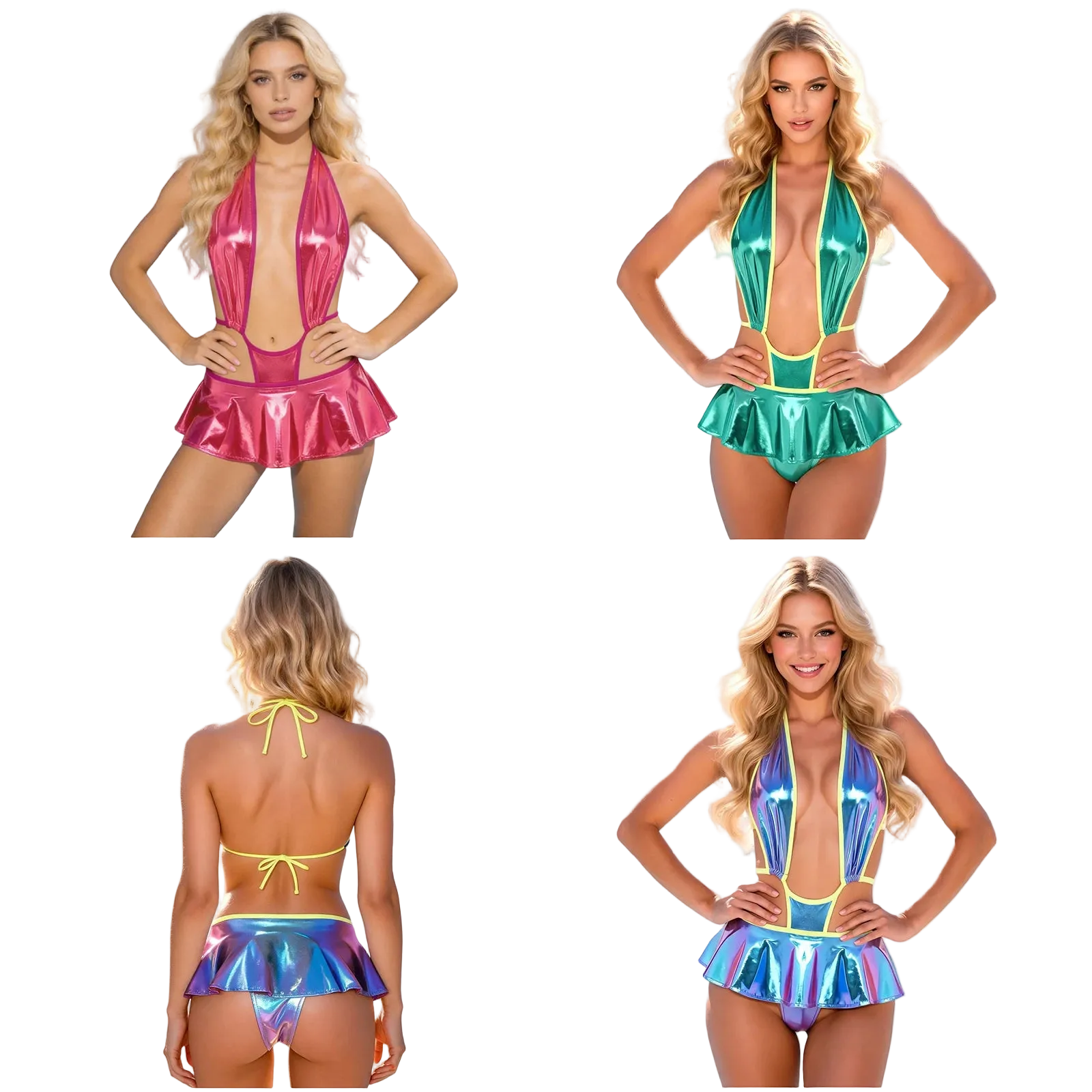 Four views of a women's shiny mini one-piece swimsuit on a model against a white background, showing pink, teal, and iridescent holographic options.