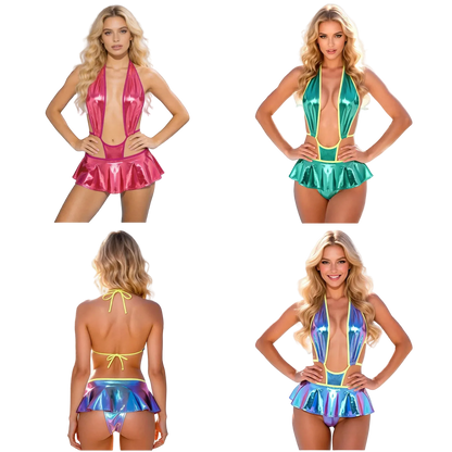 Four views of a women's shiny mini one-piece swimsuit on a model against a white background, showing pink, teal, and iridescent holographic options.