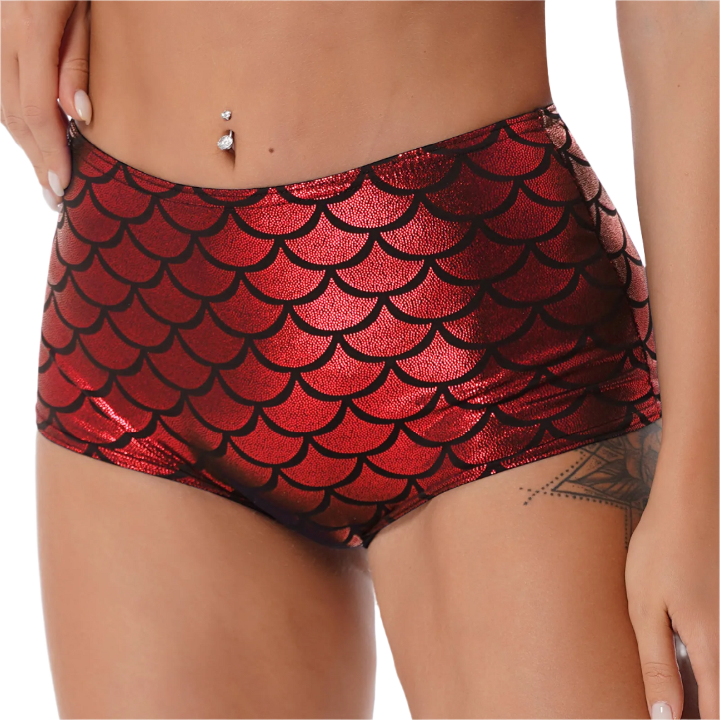 High-waisted mermaid scale booty shorts with fish scale texture for resort dance wear

