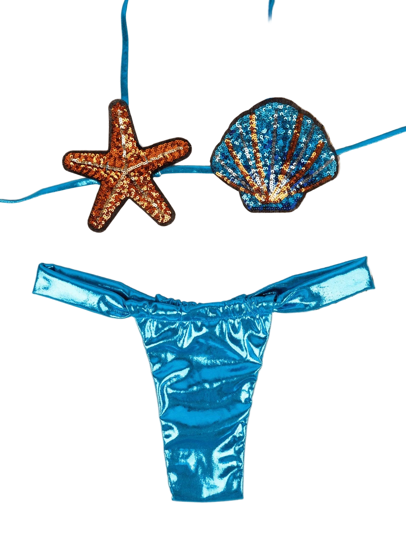 Blue bikini bottom with starfish and shell decorations on a beige background