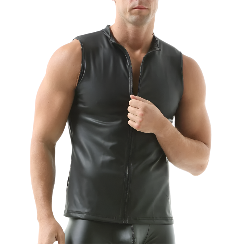 Man wearing a black leather vest on a white background