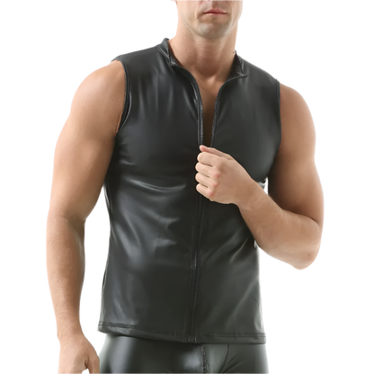 Man wearing a black leather vest on a white background