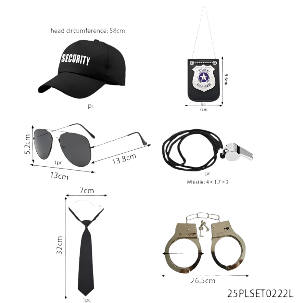 Set of security-related items including a cap, sunglasses, lanyard, whistle, tie, and handcuffs with measurements.