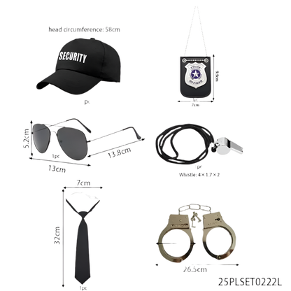 Set of security-related items including a cap, sunglasses, lanyard, whistle, tie, and handcuffs with measurements.