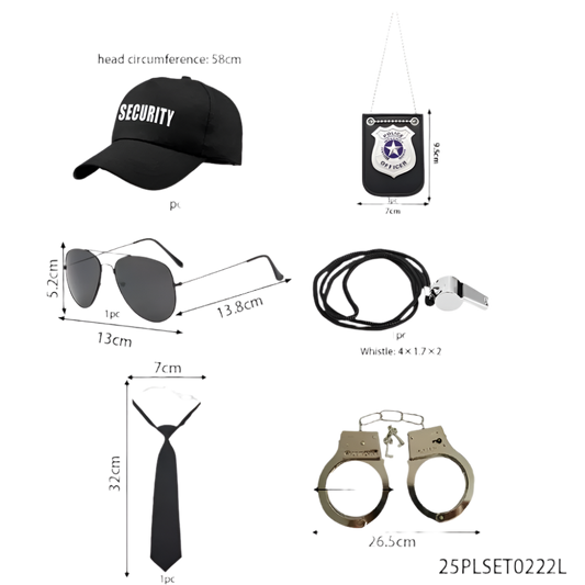 Set of security-related items including a cap, sunglasses, lanyard, whistle, tie, and handcuffs with measurements.