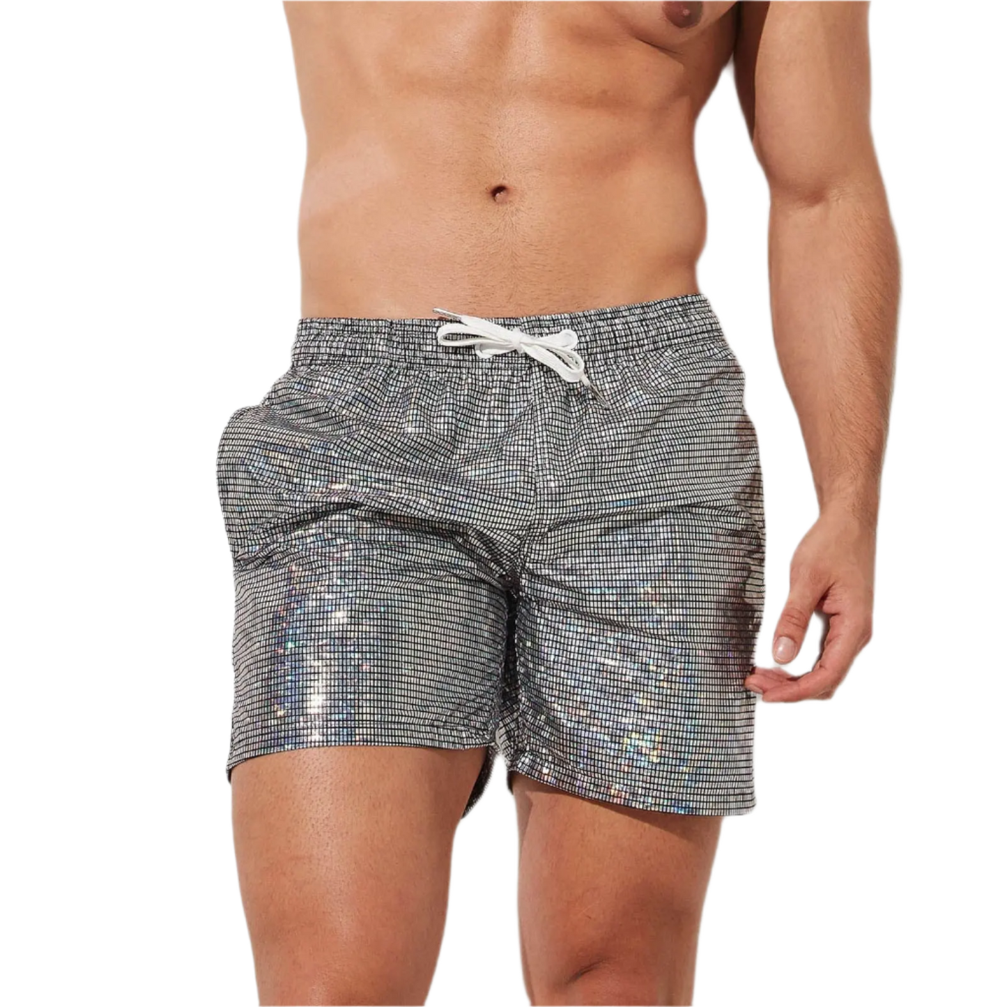 Silver holographic swim shorts with drawstring, perfect for a stylish beach day at the resort.