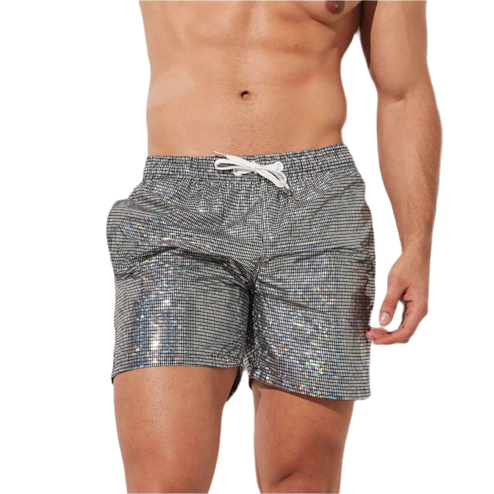 Silver holographic swim shorts with drawstring, perfect for a stylish beach day at the resort.