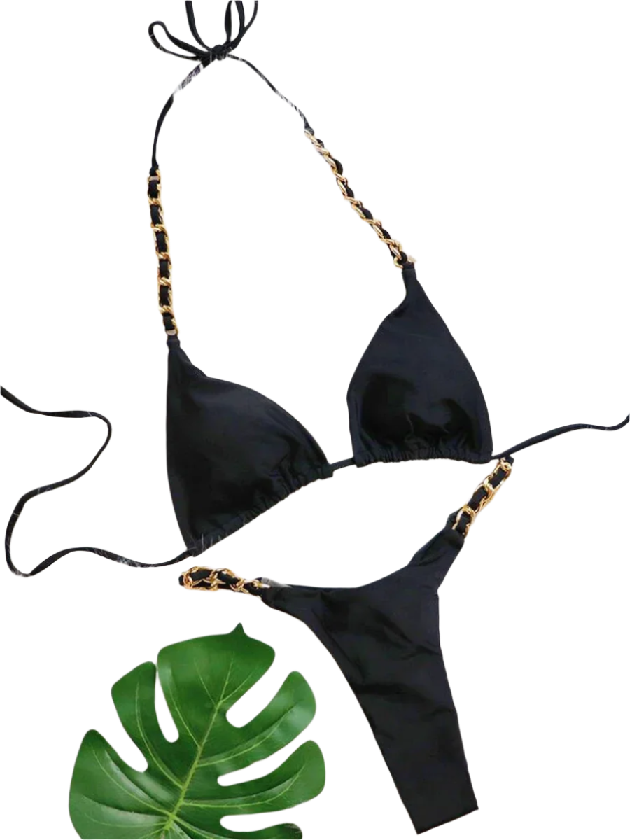 Bikini with Gold Chain: A shiny bikini set embellished with gold chain straps, creating a luxurious and stylish appearance.
